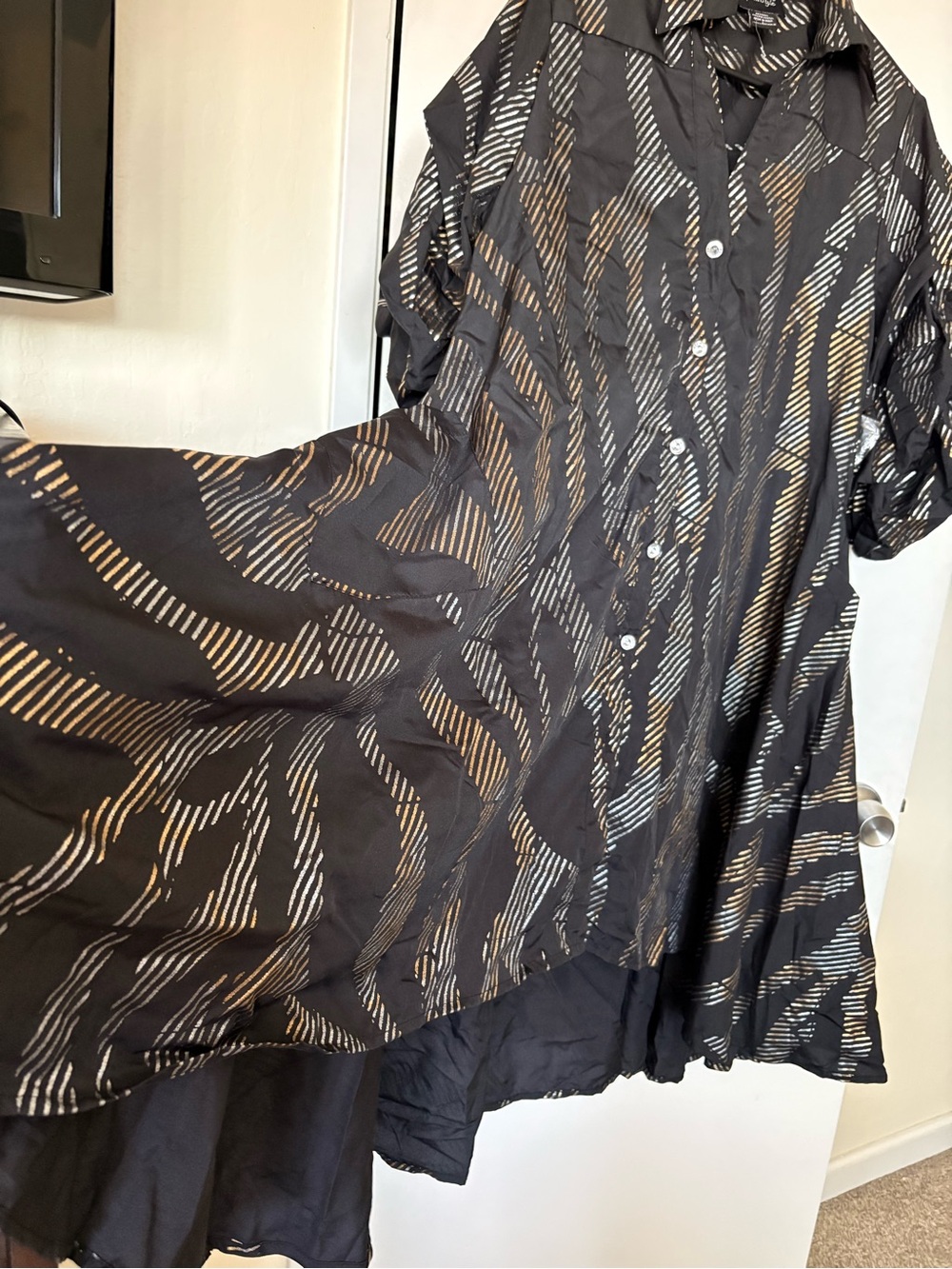 Asymmetrical Black Dress with Cream & Tan Stripe Print